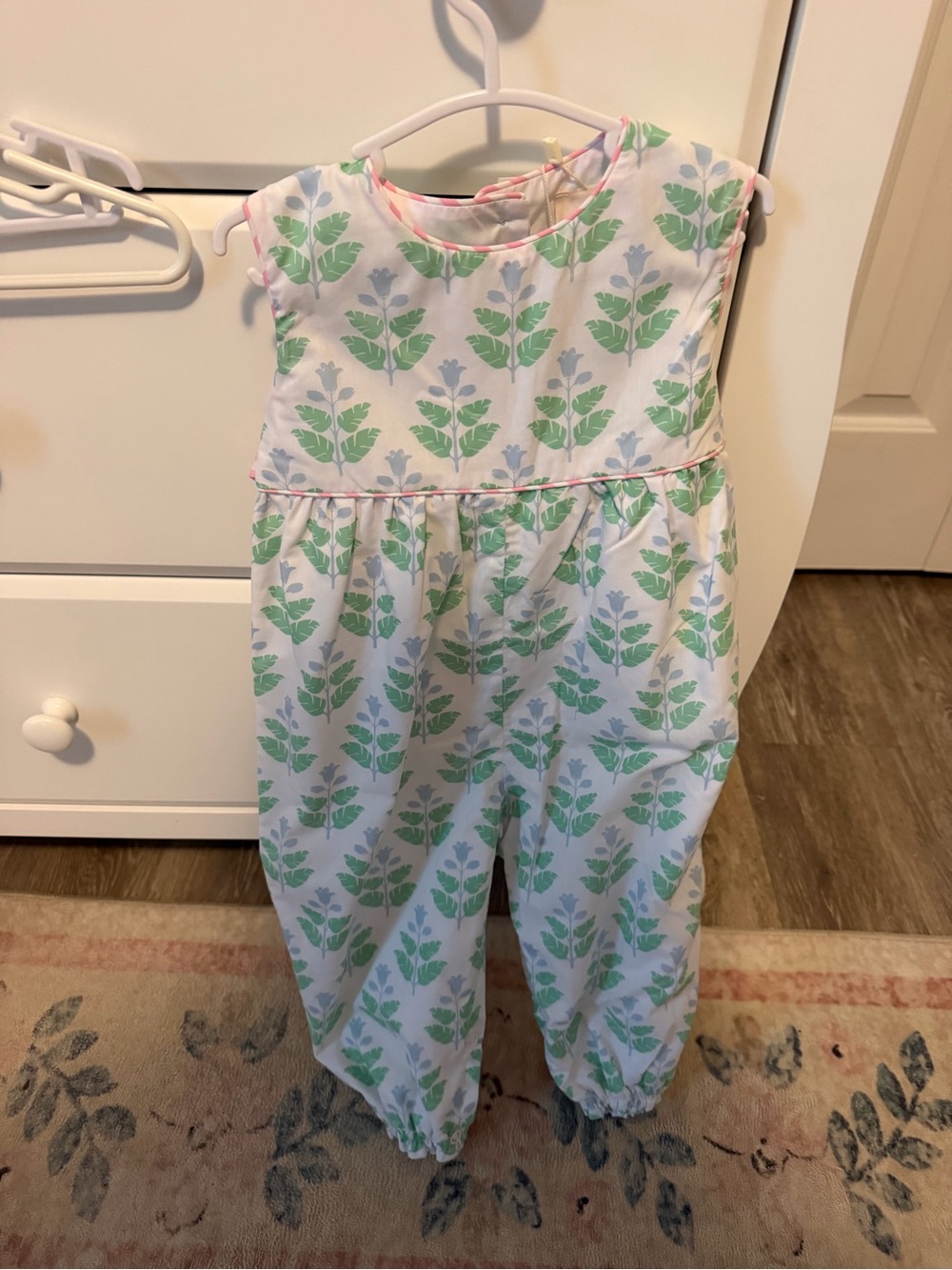 The Beaufort Bonnet Company White One-Piece with Green and Light Blue Leaf Print